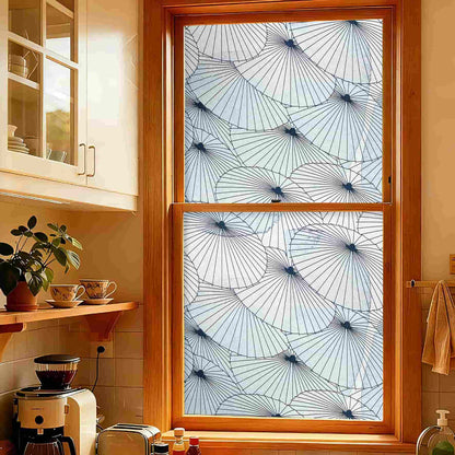 Paper Umbrella 3D Stained Glass Window Film: Indigo blue & white dandelion privacy window film for kitchen.