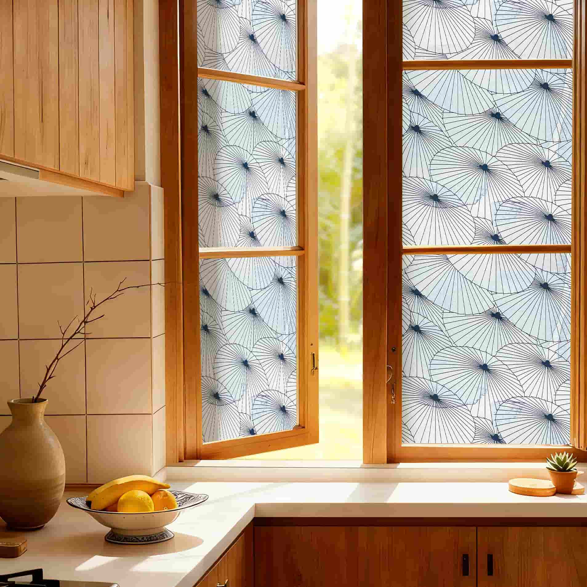 Paper Umbrella 3D Stained Glass Window Film: Indigo blue & white dandelion privacy window film for kitchen.