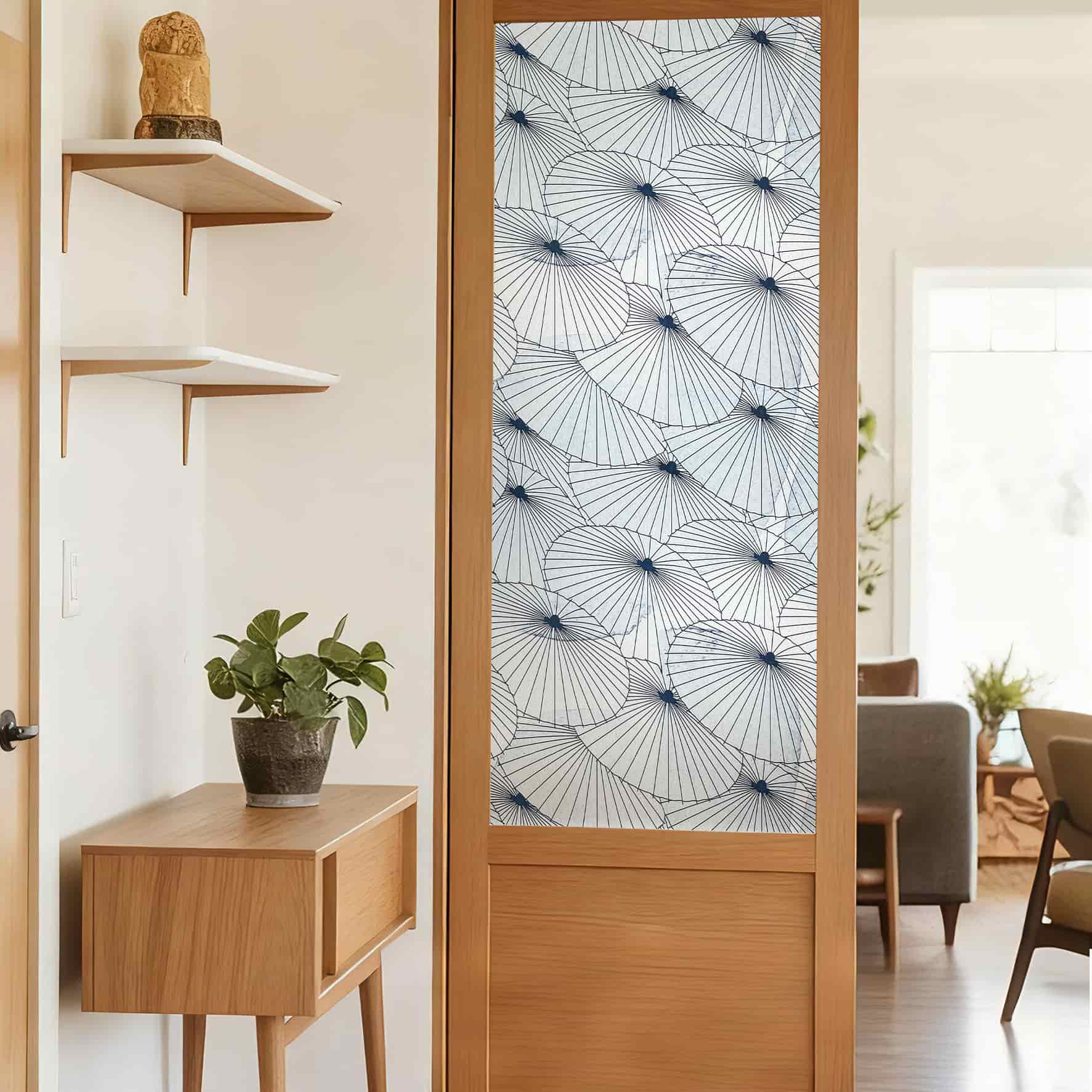 Paper Umbrella 3D Stained Glass Window Film: Blue & white dandelion privacy film for home glass doors.
