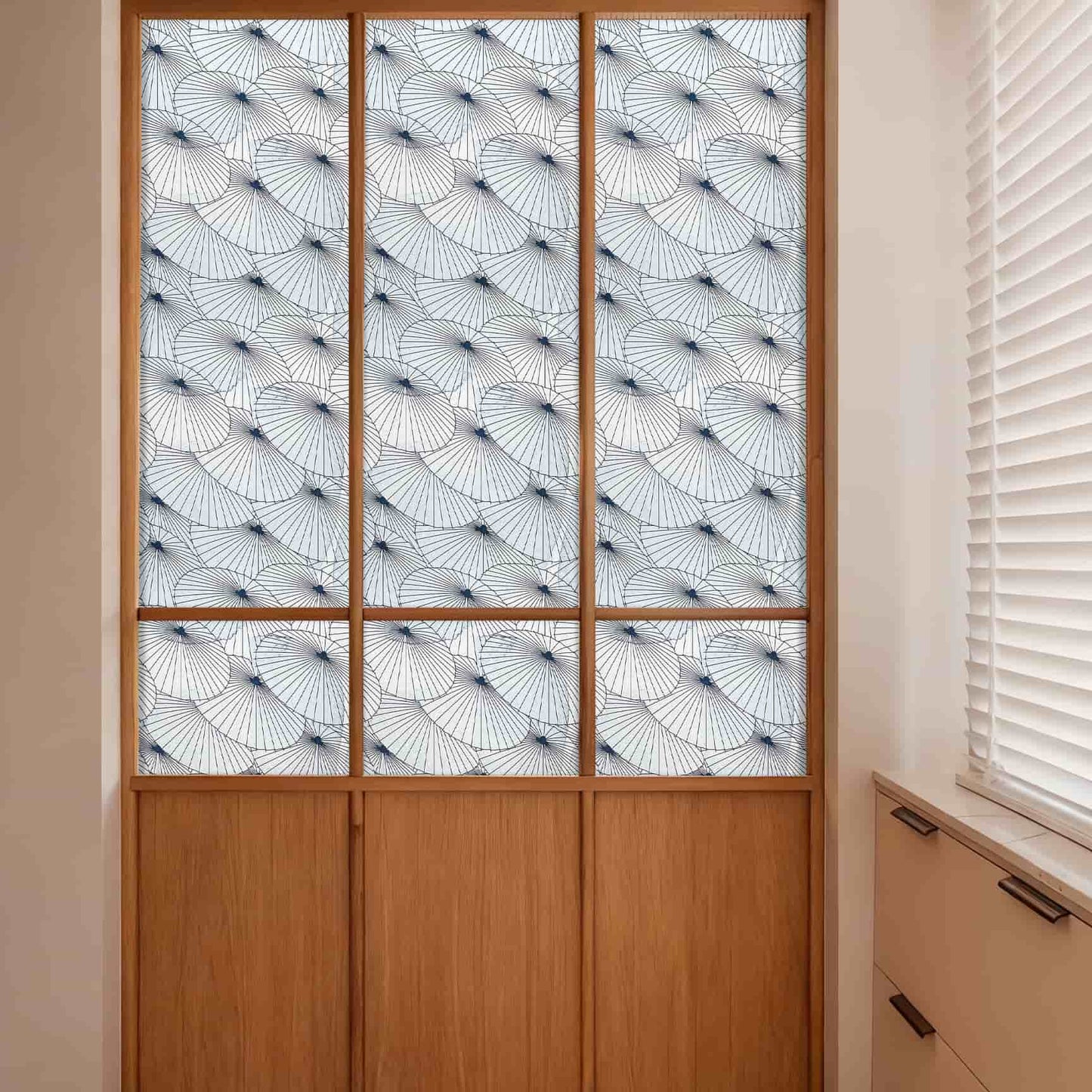 Paper Umbrella 3D Stained Glass Window Film: Blue & white dandelion privacy film for closet sliding doors.
