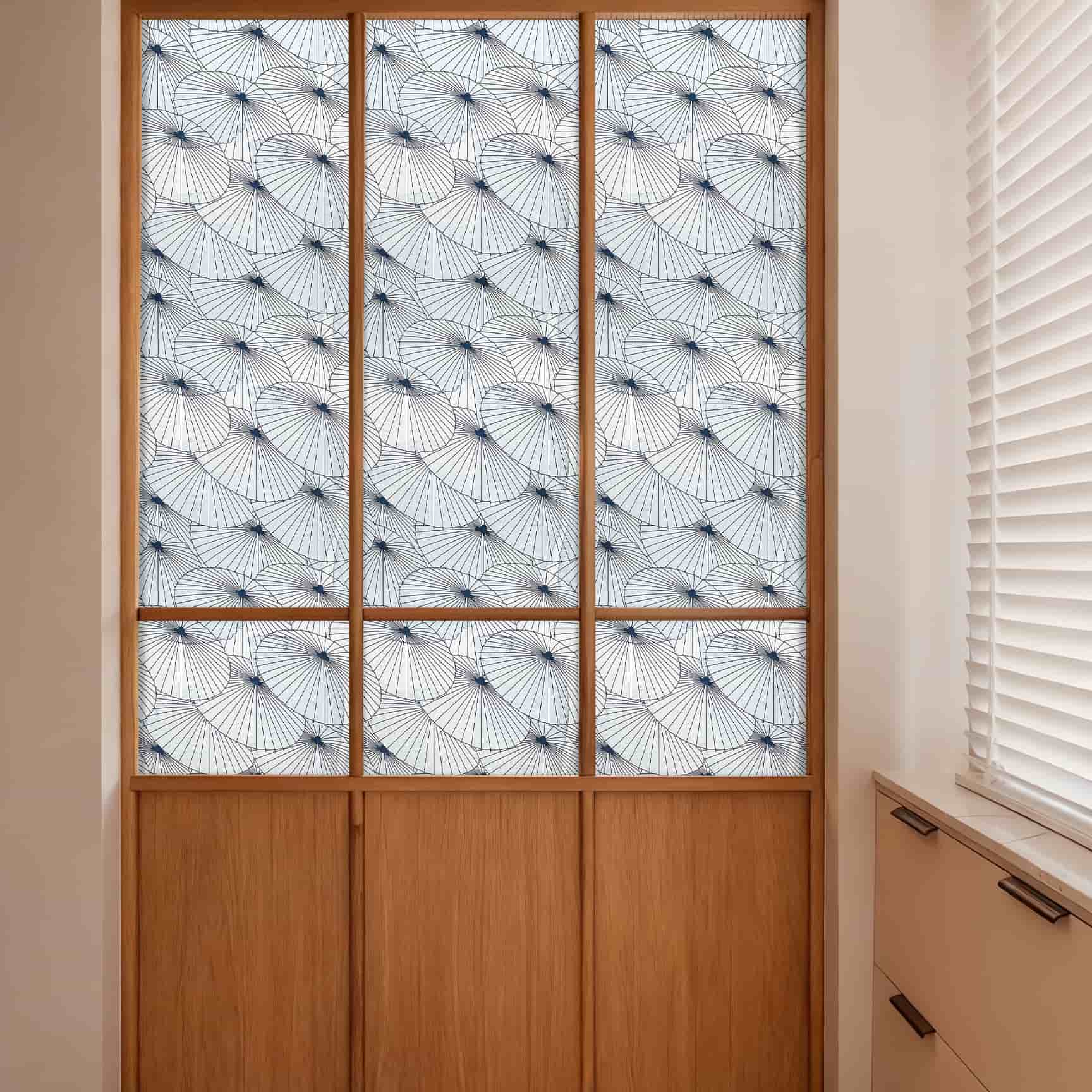 Paper Umbrella 3D Stained Glass Window Film: Blue & white dandelion privacy film for closet sliding doors.
