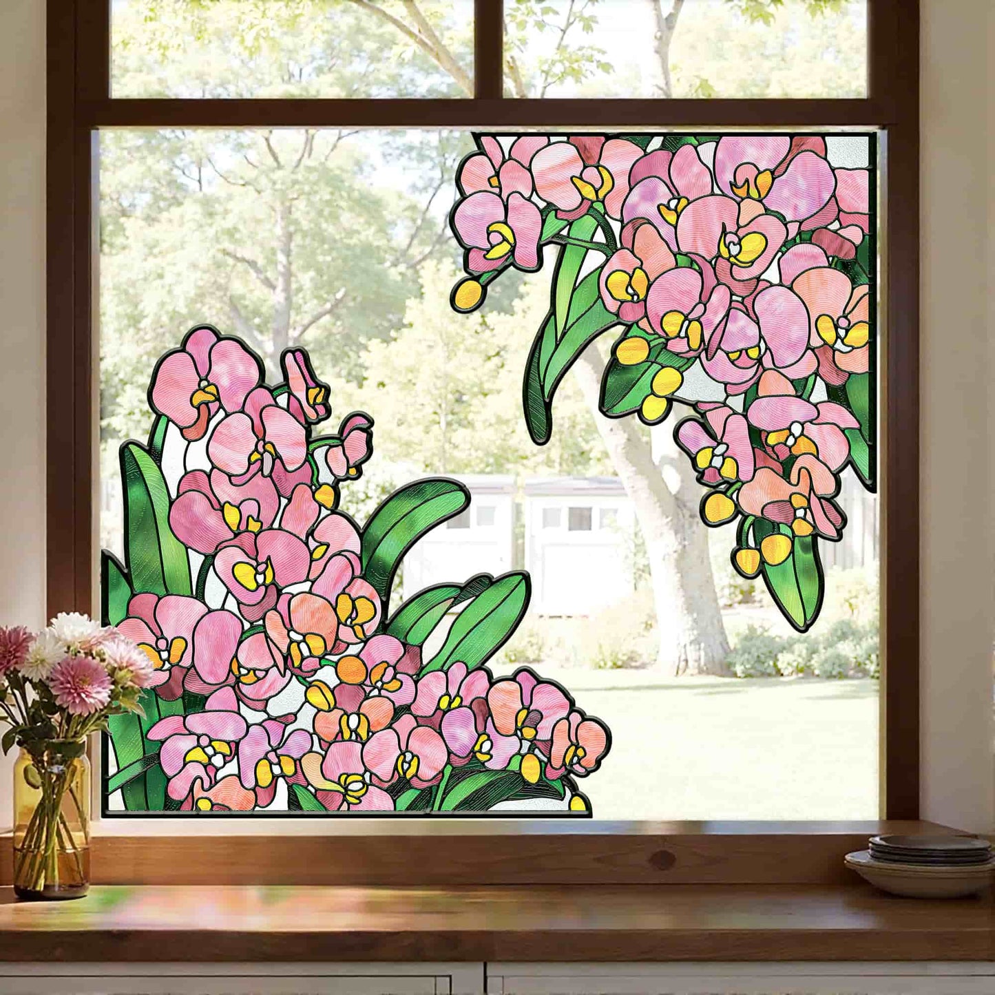 ADD.HERES Phalaenopsis 3D Stained Glass Window Film Static Cling