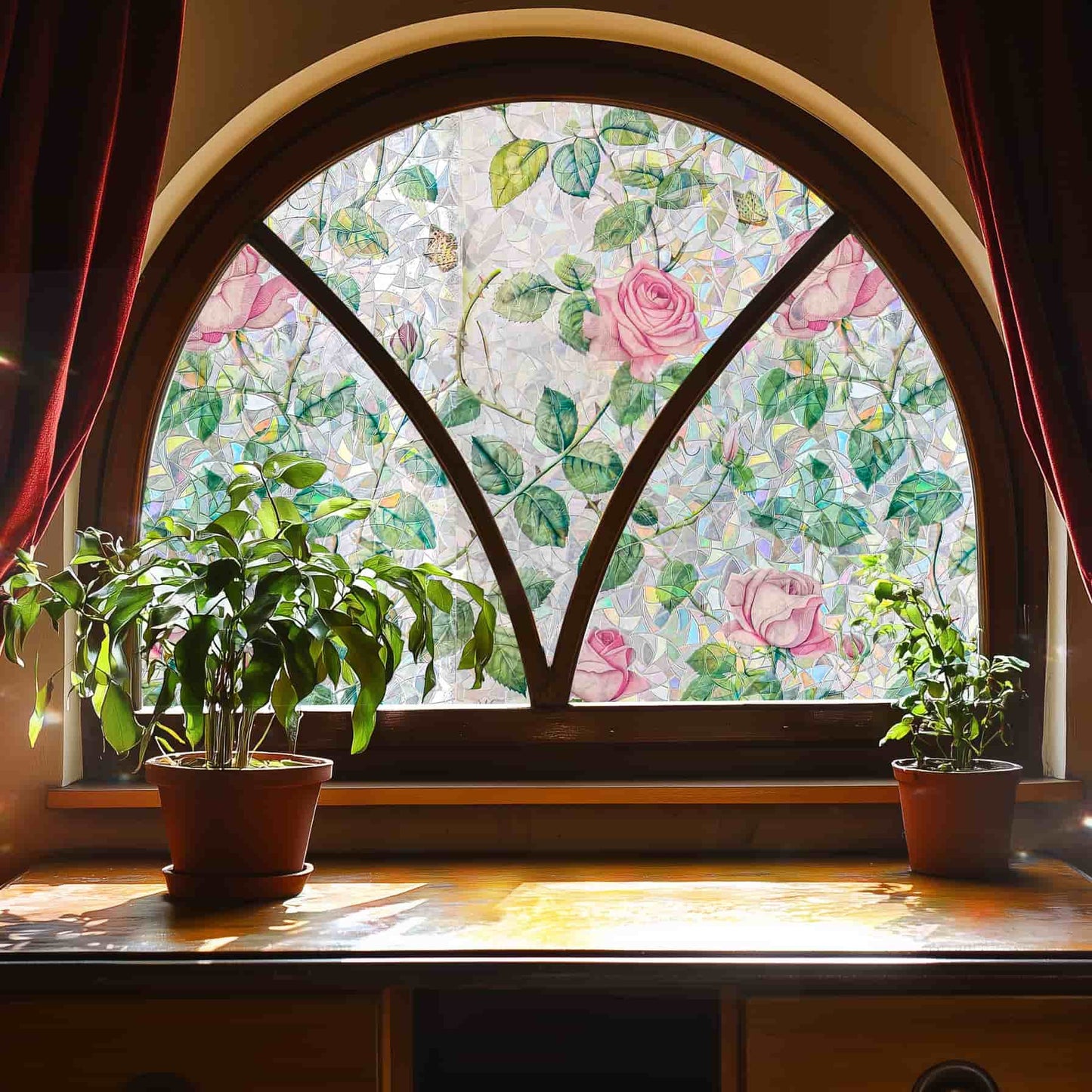 ADD.HERES Rose Garden 3D Stained Glass Window Film Static Cling