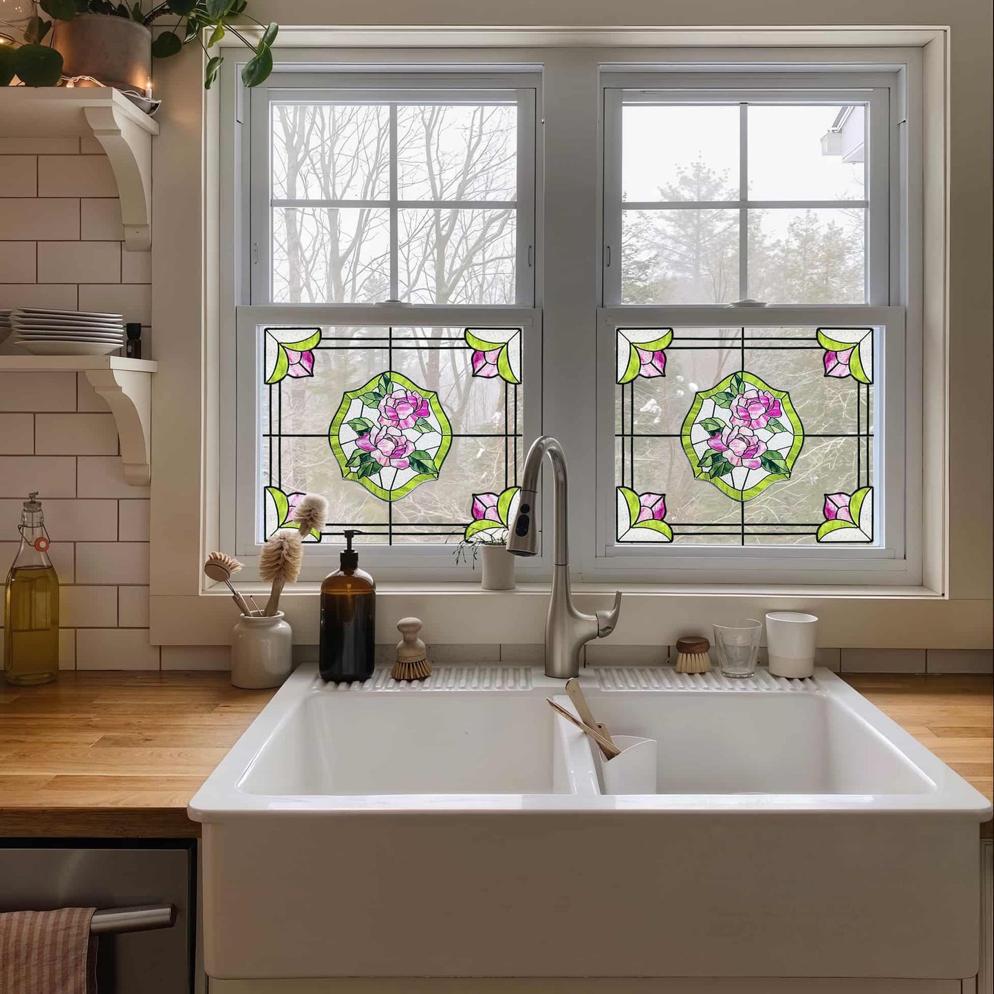 ADD.HERES Rose Garden 3D Stained Glass Window Film Static Cling
