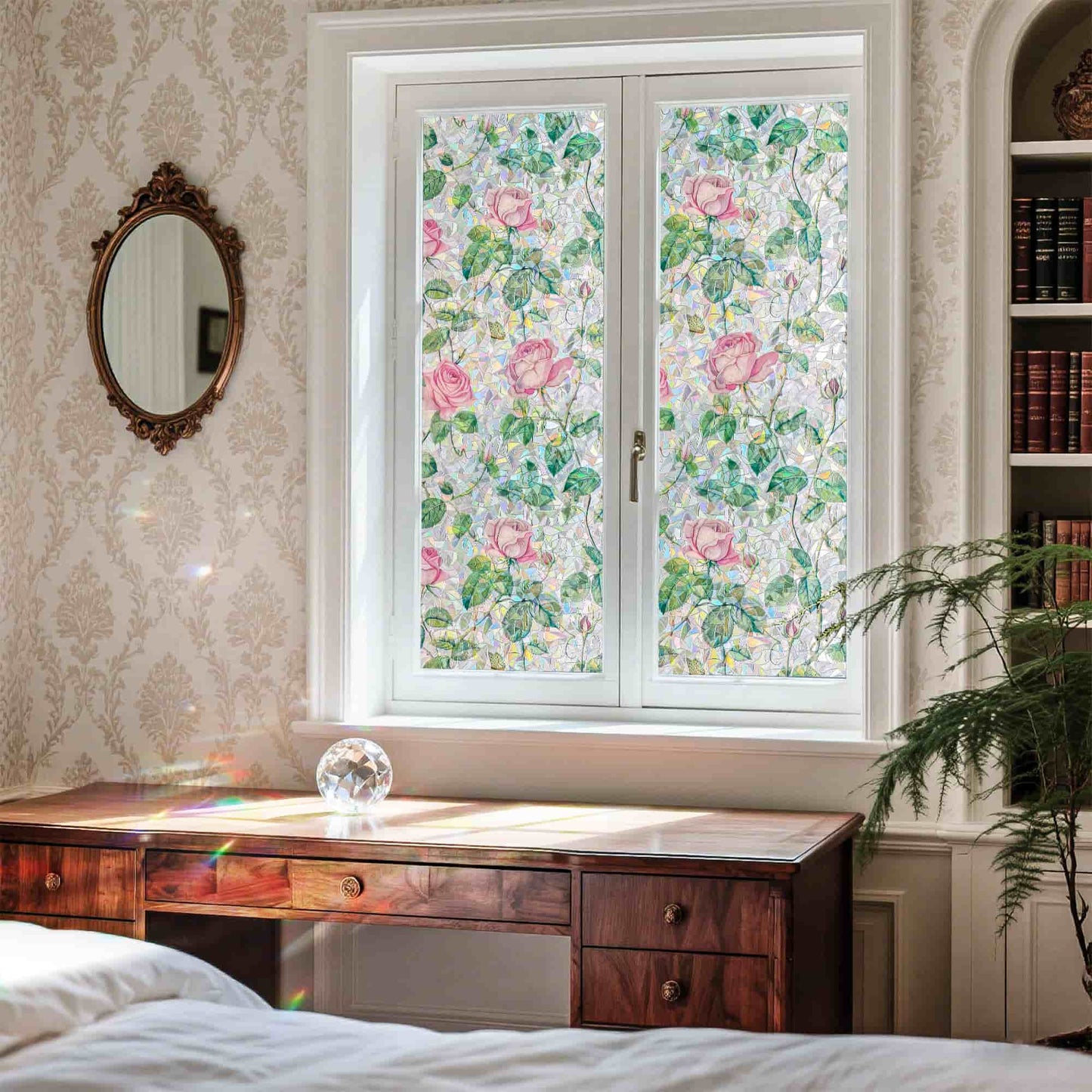 ADD.HERES Rose Garden 3D Stained Glass Window Film Static Cling