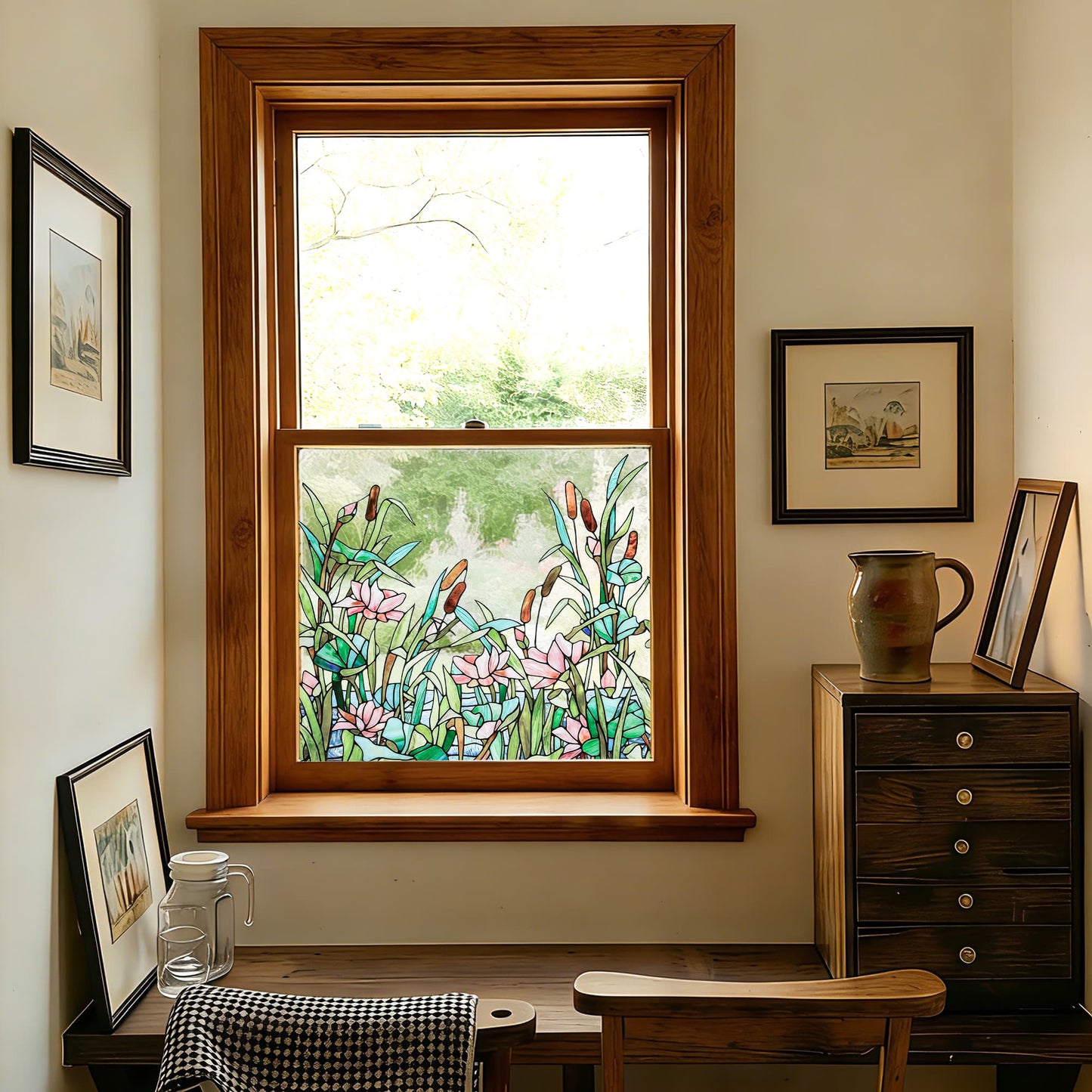 ADD.HERES Summer Lotus Pond 3D Stained Glass Window Film Static Cling