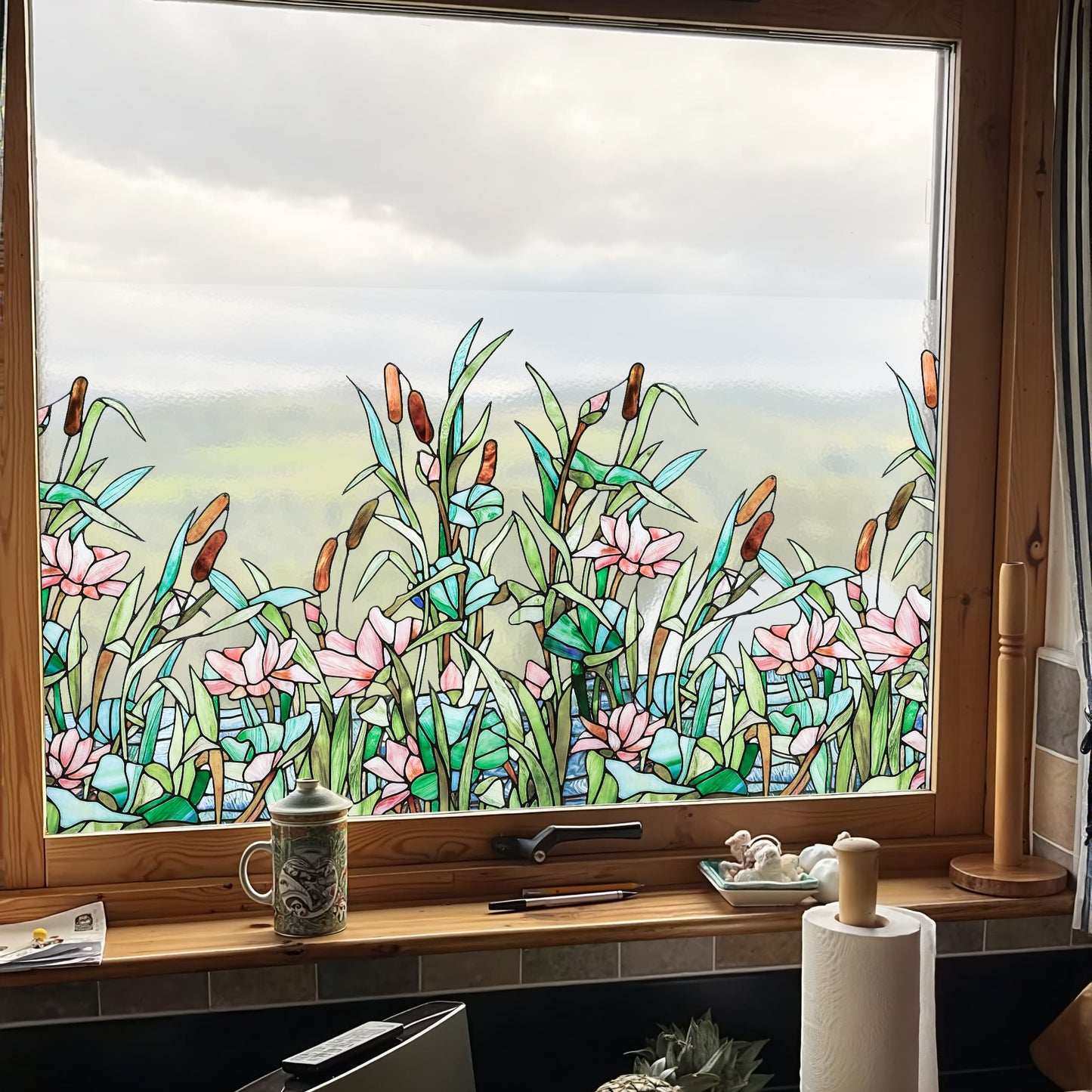 ADD.HERES Summer Lotus Pond 3D Stained Glass Window Film Static Cling