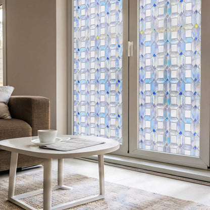 Tanzanite 3D Stained Glass Window Film - Iridescent blue & purple mosaic privacy film for living room sliding doors