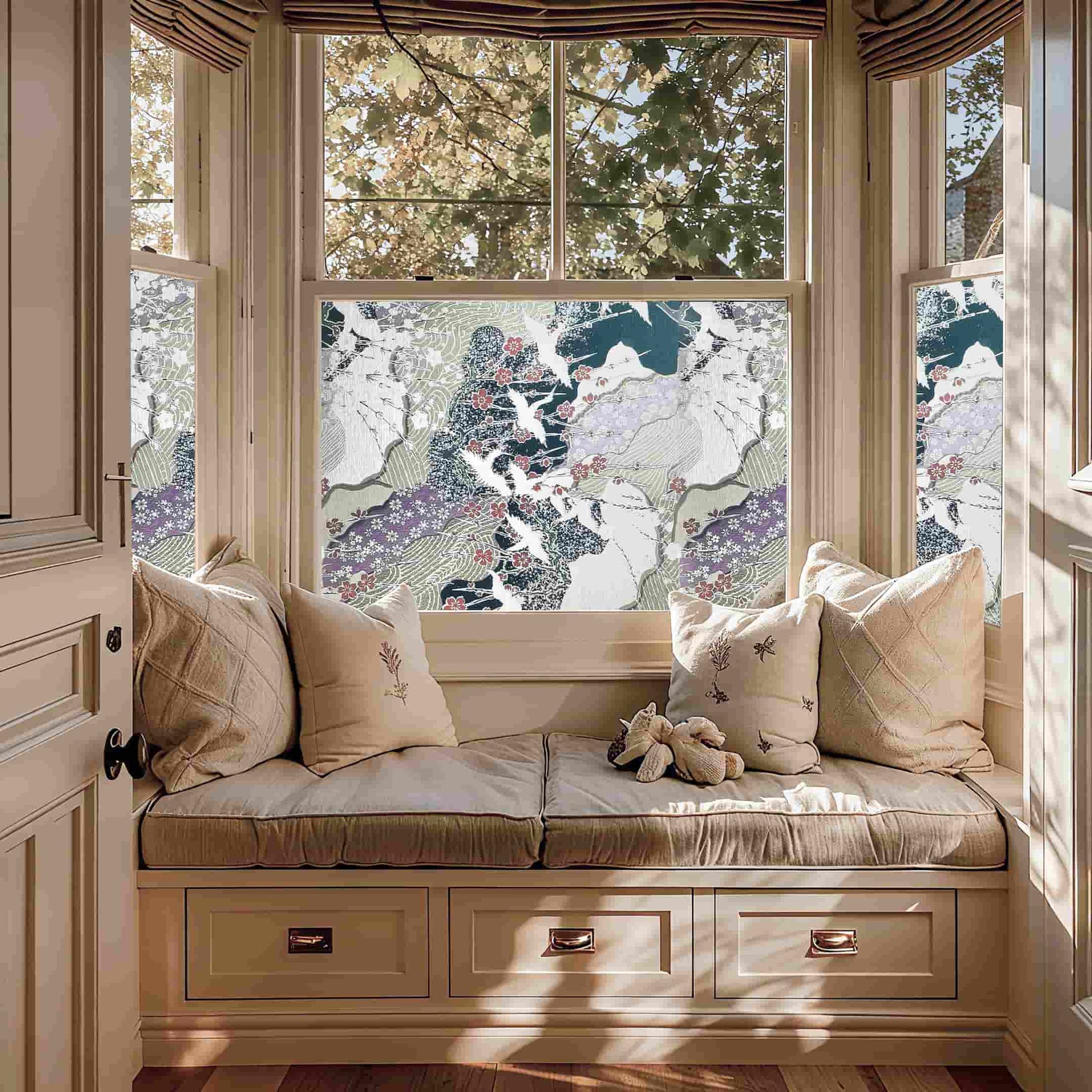 Thousand Cranes 3D Stained Glass Window Film - Japanese cherry blossom privacy film for cozy home window nooks.