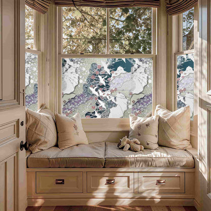 Thousand Cranes 3D Stained Glass Window Film - Japanese cherry blossom privacy film for cozy home window nooks.