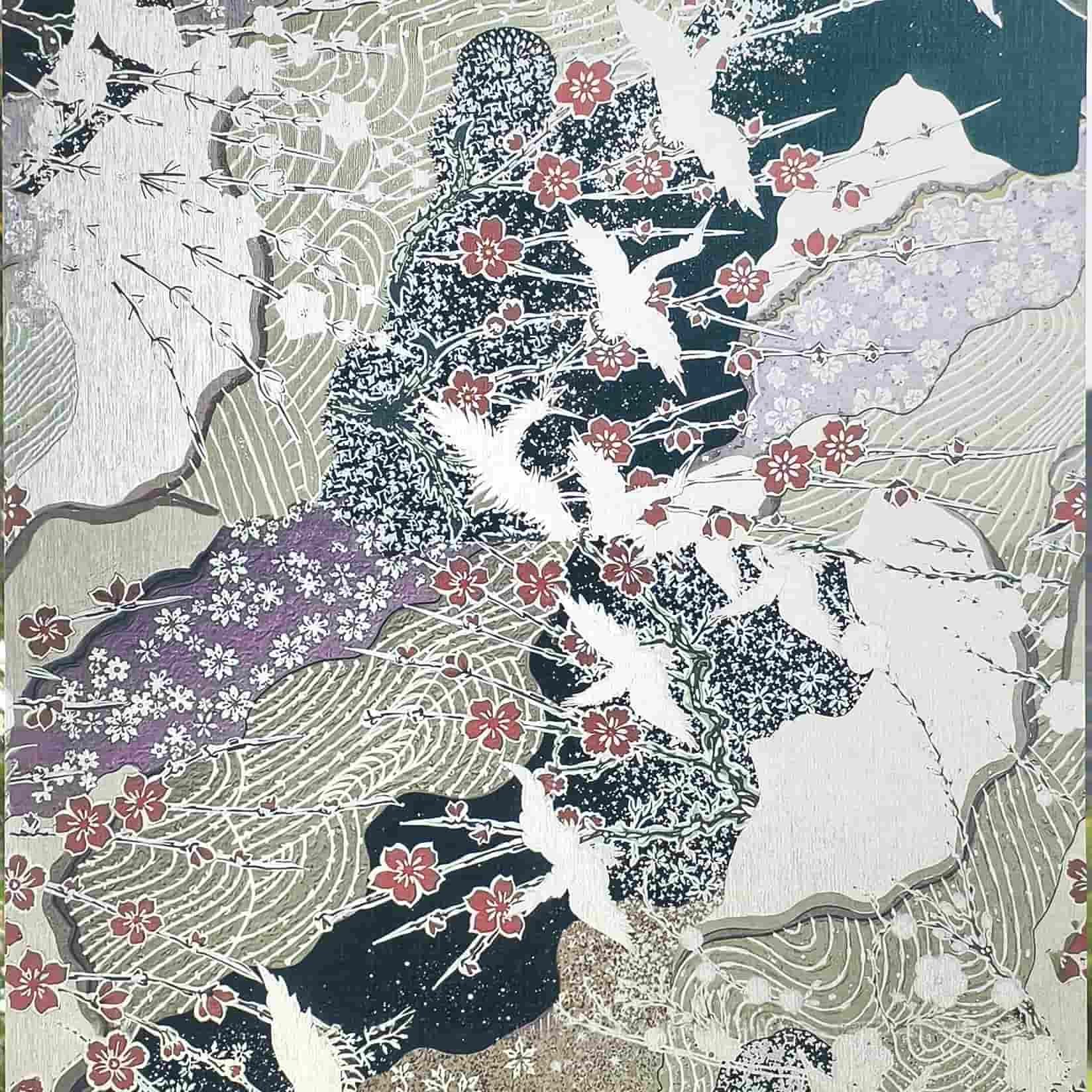 Thousand Cranes 3D Stained Glass Window Film - Japanese ukiyo-e crane & cherry blossom privacy film for home windows.