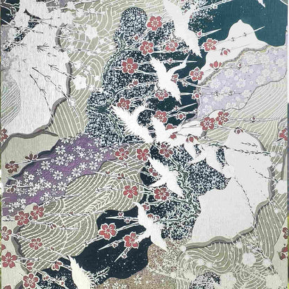 Thousand Cranes 3D Stained Glass Window Film - Japanese ukiyo-e crane & cherry blossom privacy film for home windows.