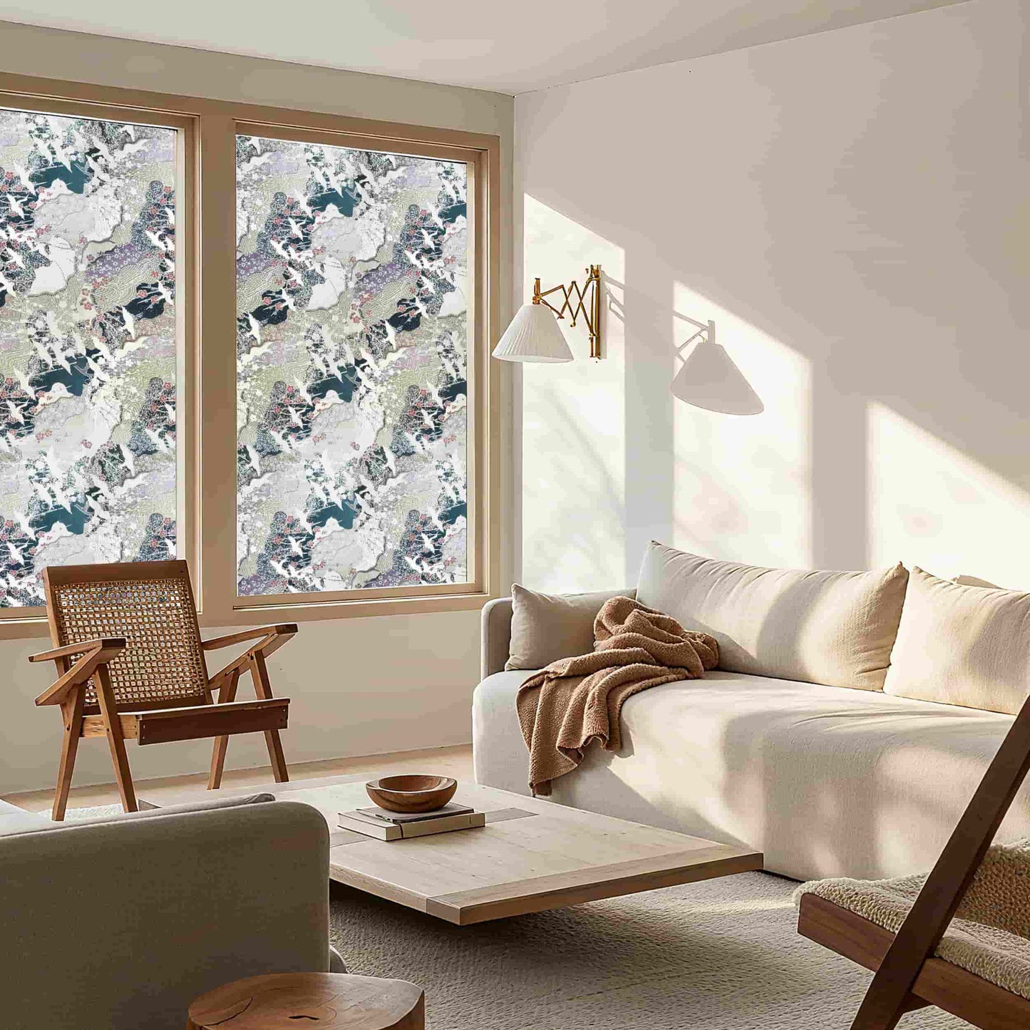 Thousand Cranes 3D Stained Glass Window Film - Japanese ukiyo-e crane & cherry blossom privacy film for living room windows.