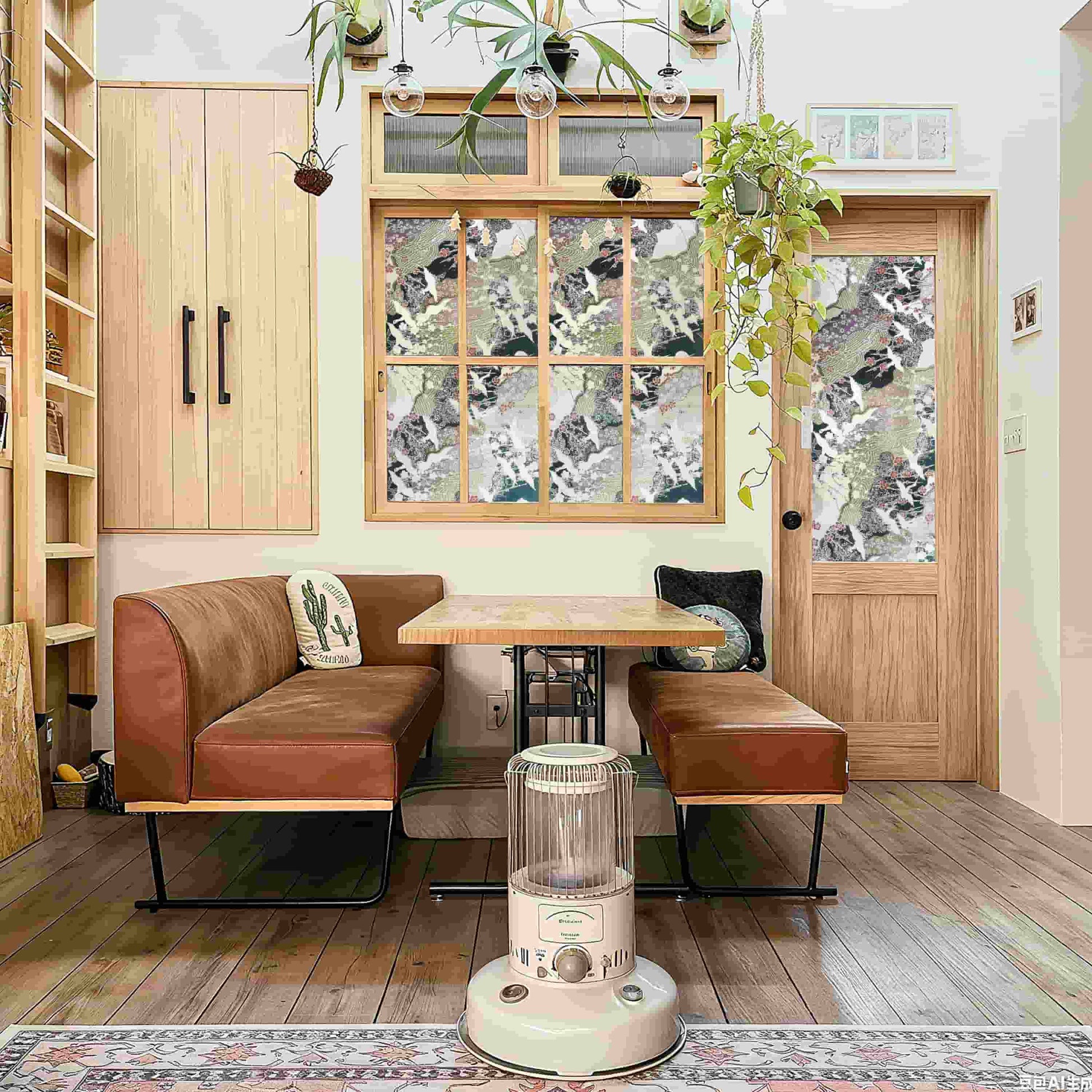 Thousand Cranes 3D Stained Glass Window Film - Japanese ukiyo-e crane & cherry blossom privacy film for living room.