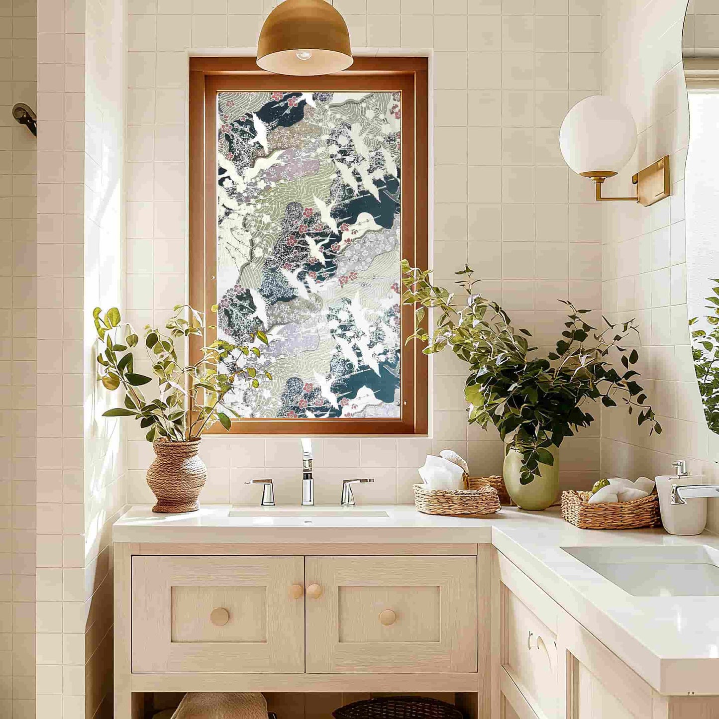 Japanese Ukiyo-e Style Window Film - Traditional Ukiyo-e Art Privacy Window Film, Non-Adhesive Static Cling Window film for Bathroom