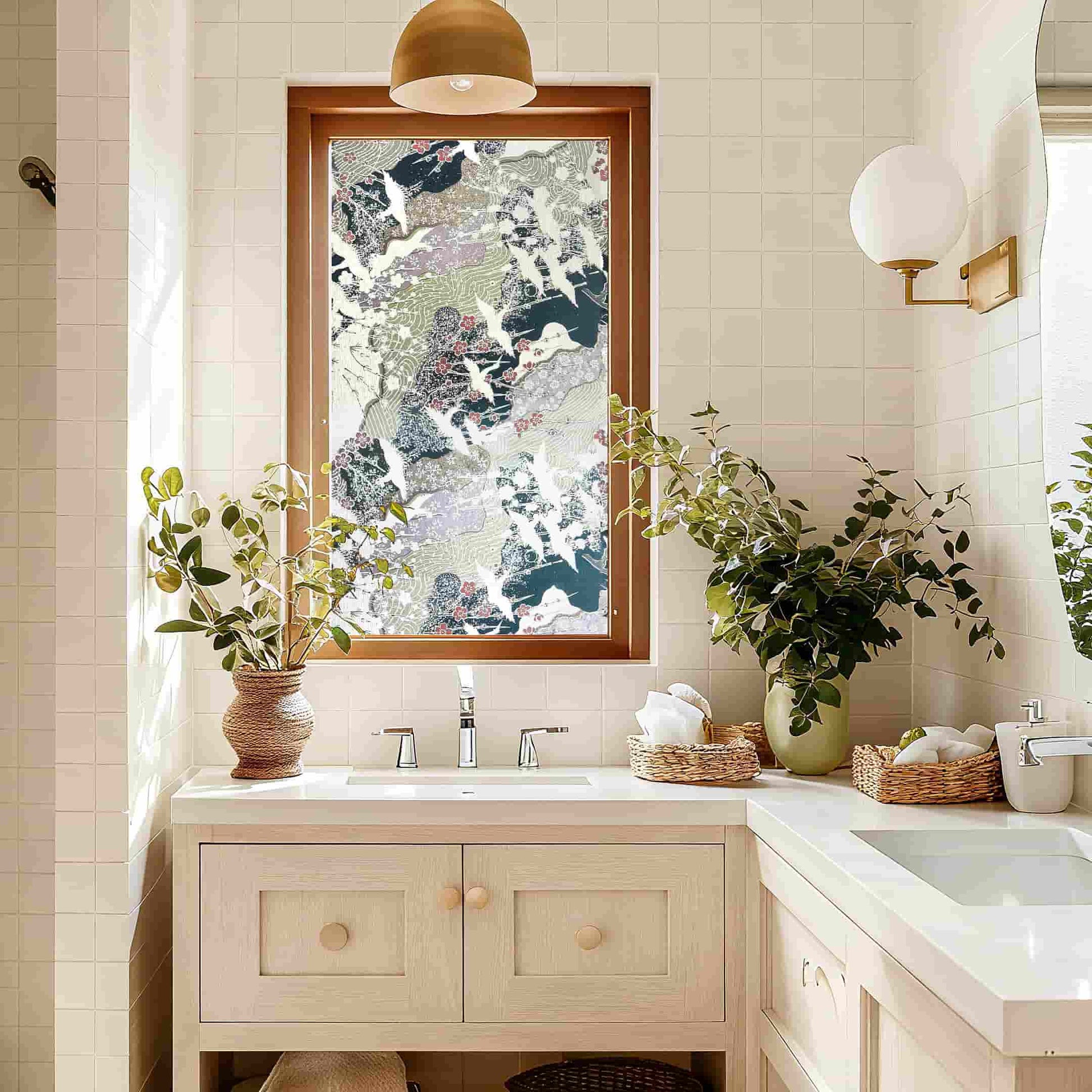 Japanese Ukiyo-e Style Window Film - Traditional Ukiyo-e Art Privacy Window Film, Non-Adhesive Static Cling Window film for Bathroom