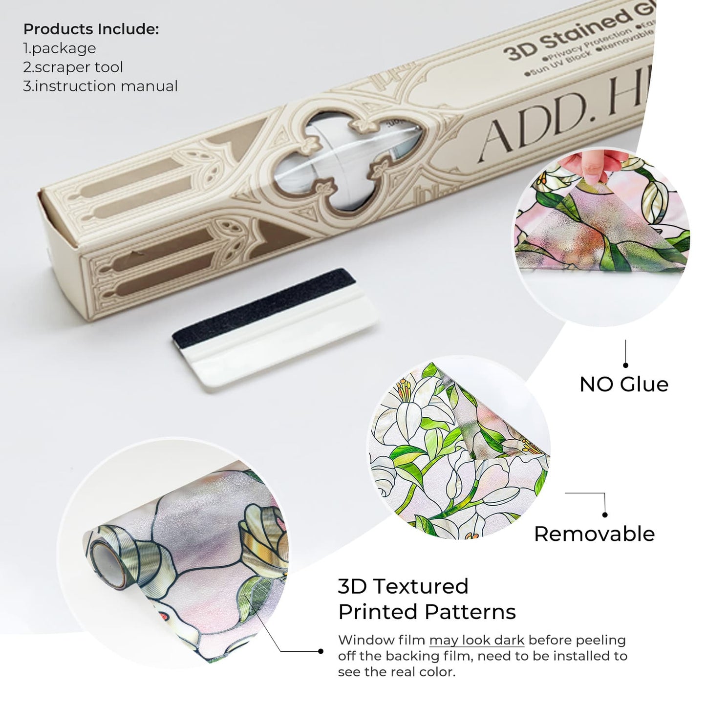 ADD.HERES White Lily 3D Stained Glass Window Film