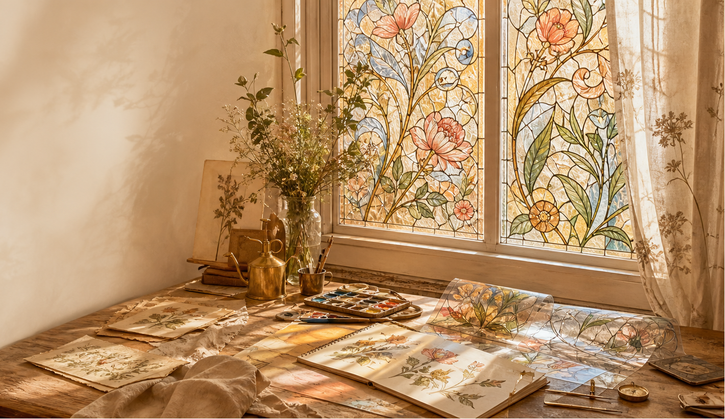 Stained-glass glow, botanical linework, and natural light