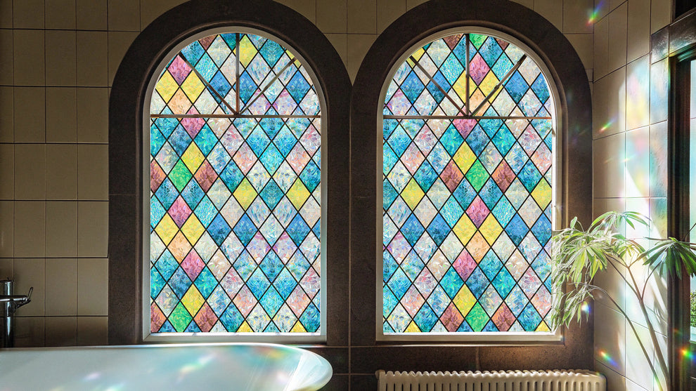 Colorful Diamond Grid Rainbow Window Film | Privacy Decorative Glass ...