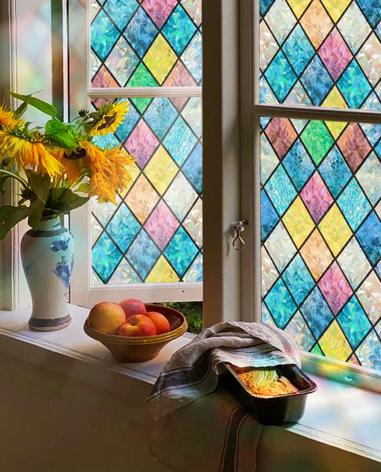 ADD.HERES Colorful Diamond Grid 3D Stained Glass Window Film Static Cling
