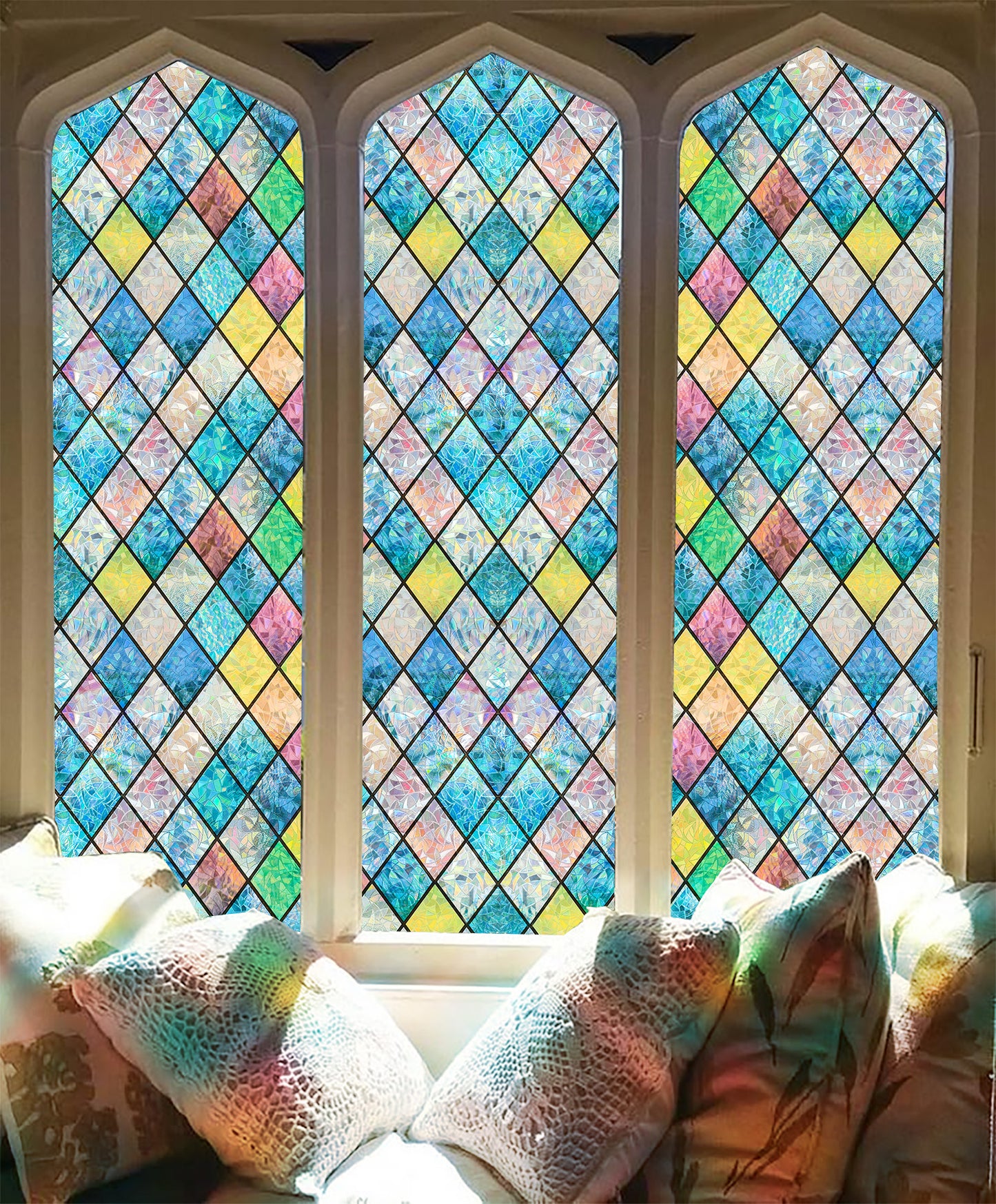 ADD.HERES Colorful Diamond Grid 3D Stained Glass Window Film Static Cling