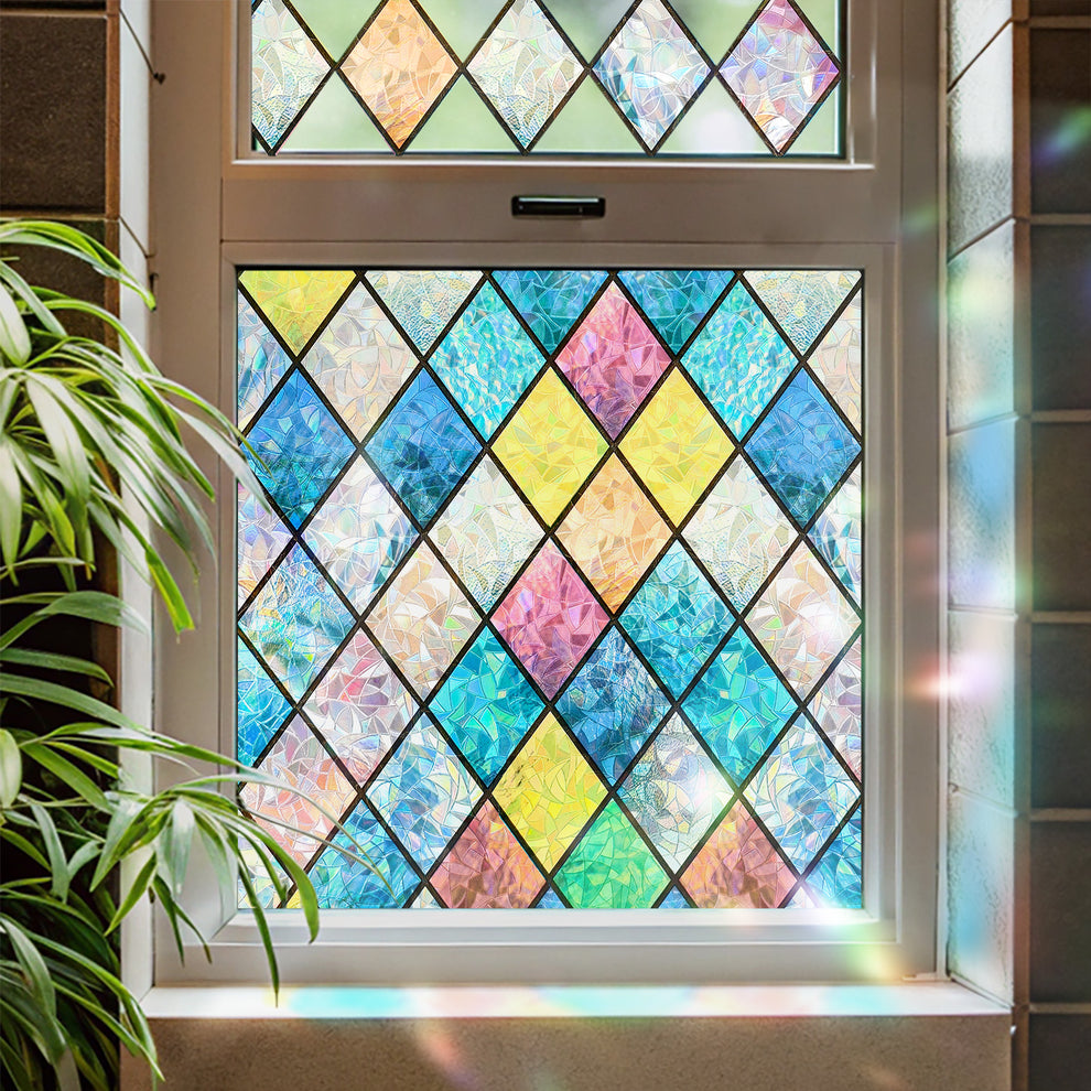 Colorful Diamond Grid Rainbow Window Film | Privacy Decorative Glass ...