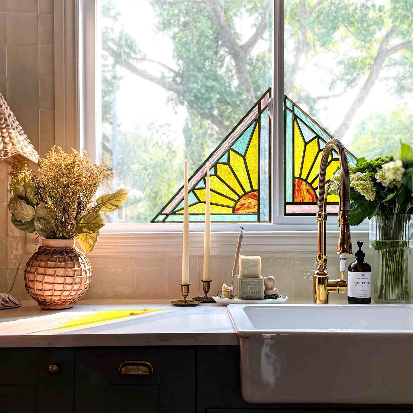 ADD.HERES Geometric Sun 3D Stained Glass Window Film Static Cling