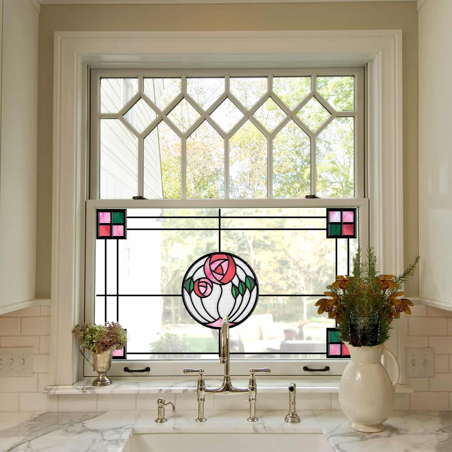 ADD.HERES Geometric Rose 3D Stained Glass Window Film Static Cling