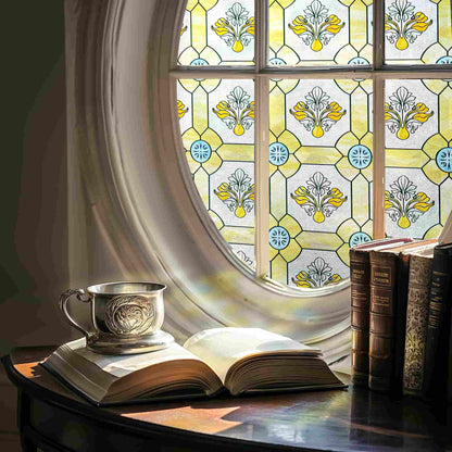 ADD.HERES Gilt Glazed Flowers 3D Stained Glass Window Film Static Cling