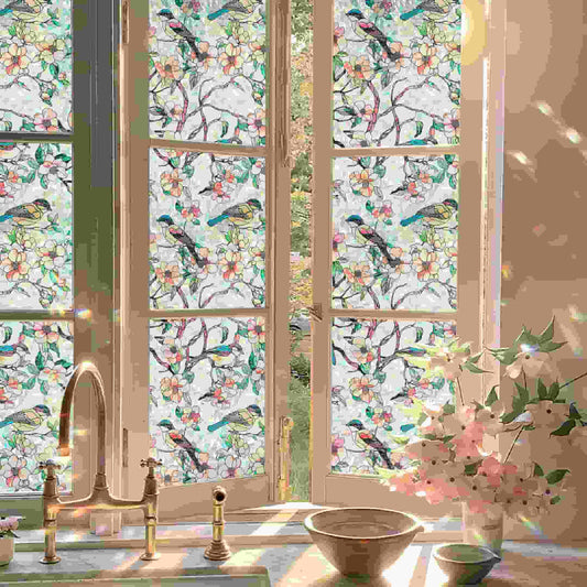 ADD.HERES Blooms & Birds Paradise 3D Stained Glass Window Film Static Cling