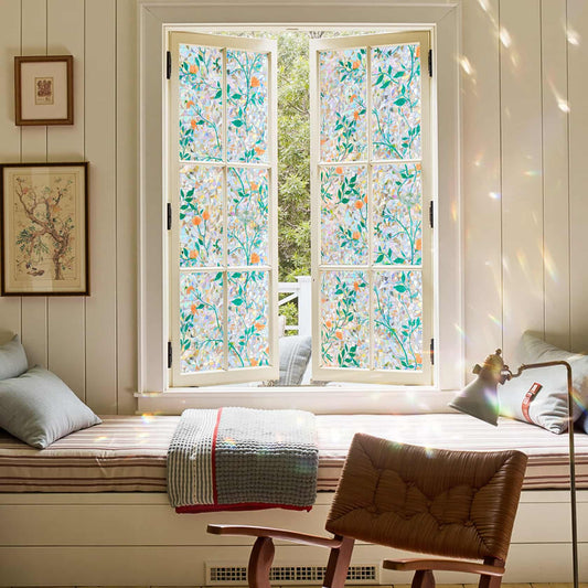 ADD.HERES Orange Blossom 3D Stained Glass Window Film: Floral iridescent static cling for living room privacy and rainbow light magic.