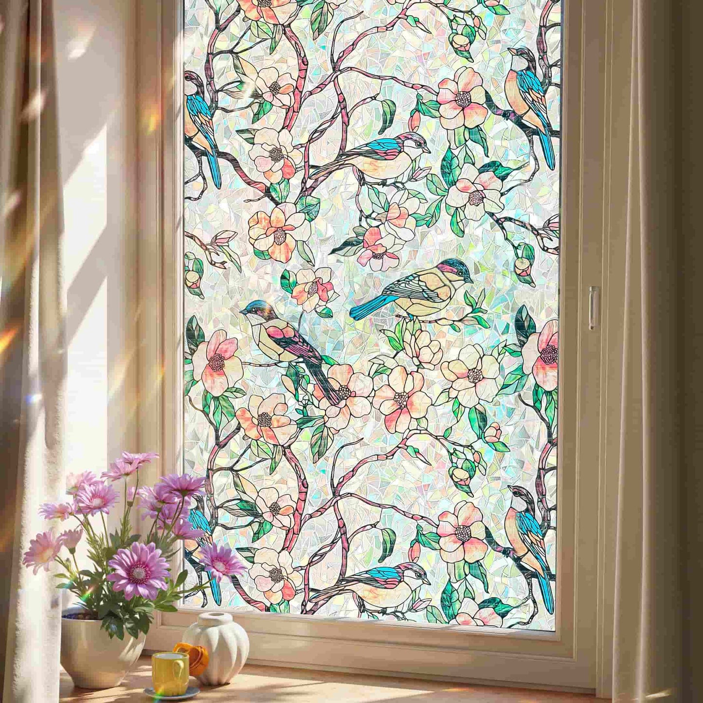 ADD.HERES Blooms & Birds Paradise 3D Stained Glass Window Film Static Cling