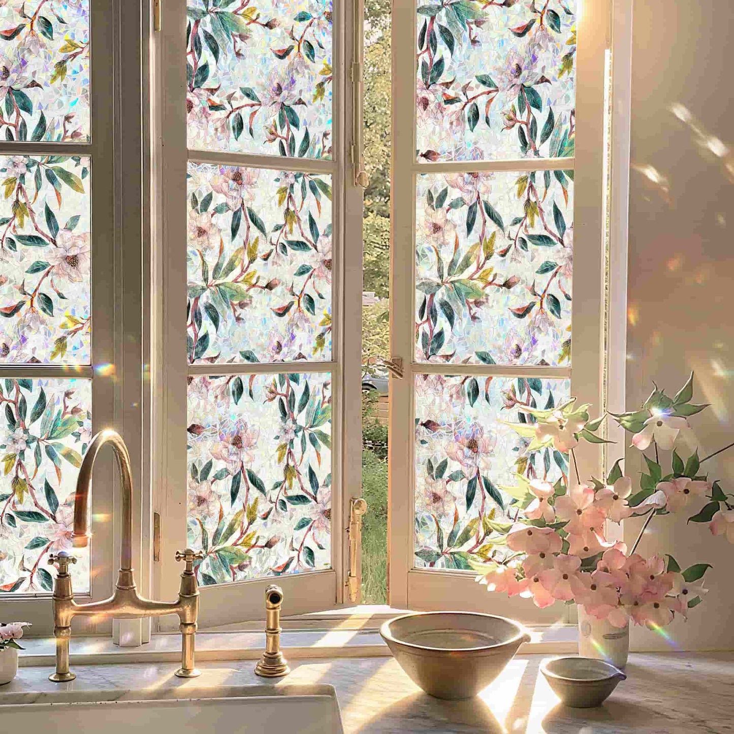 ADD.HERES First Snow Magnolia 3D Stained Glass Window Film Static Cling