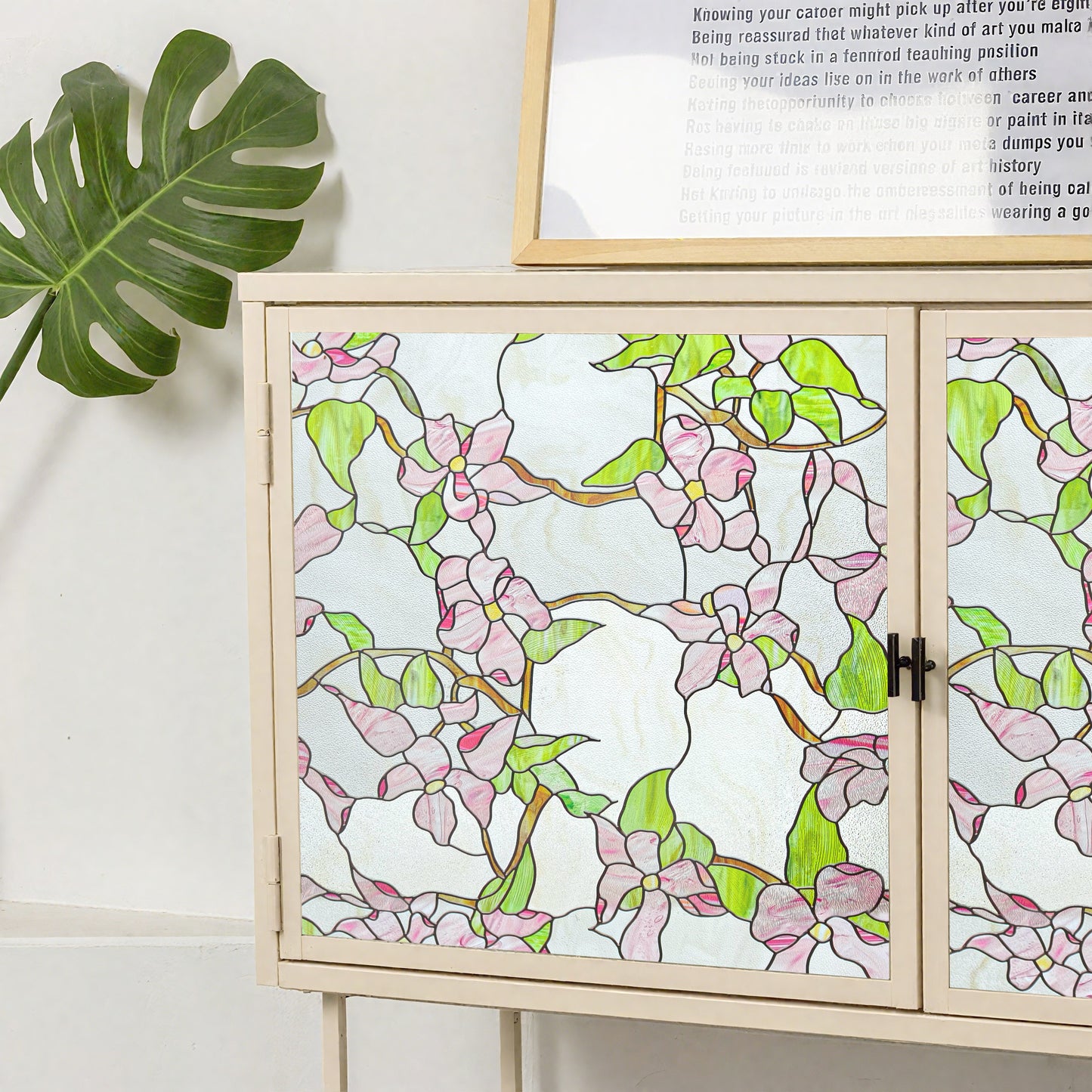 ADD.HERES Pink sprigs 3D Stained Glass Window Film Static Cling