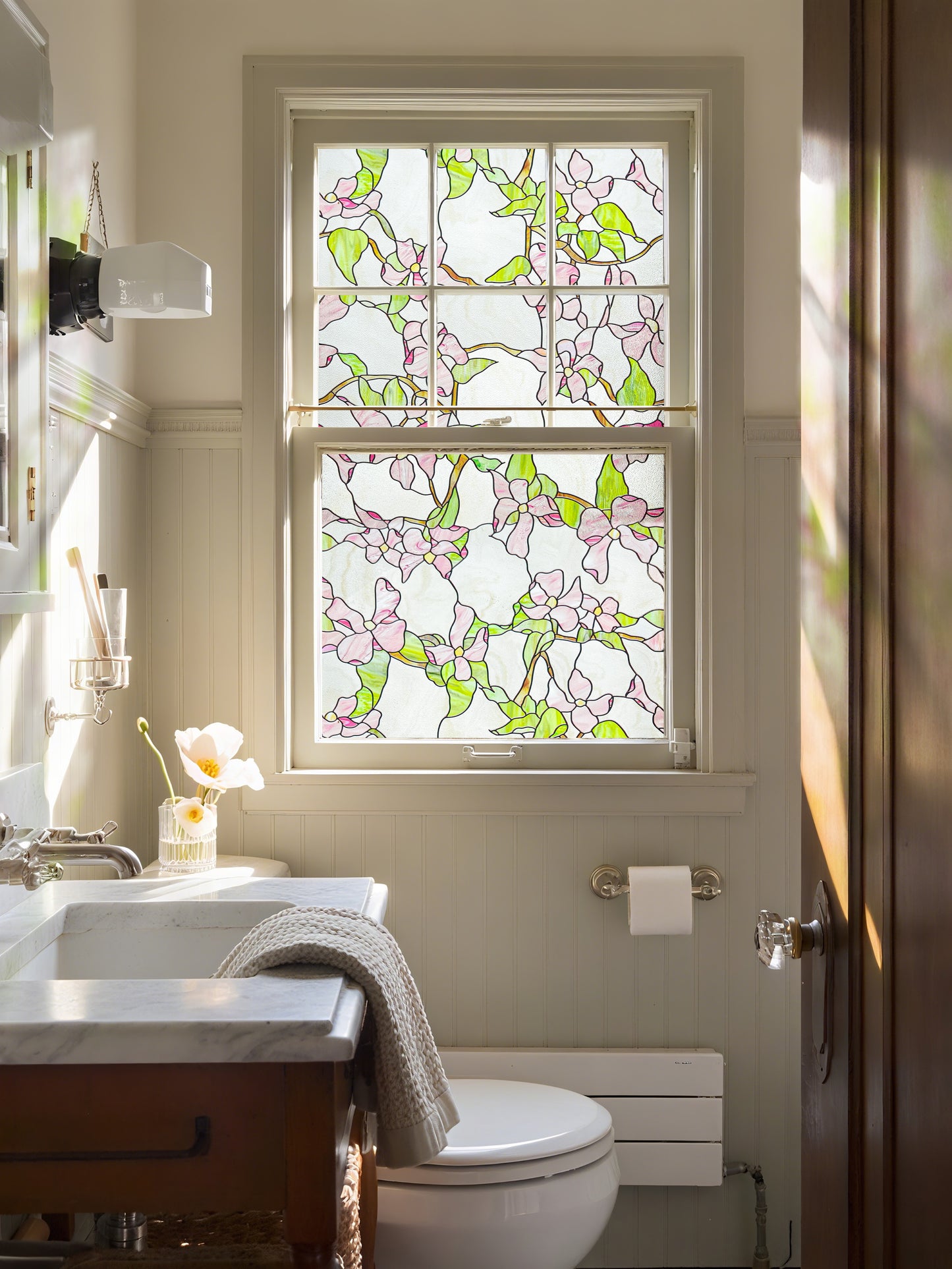 ADD.HERES Pink sprigs 3D Stained Glass Window Film Static Cling