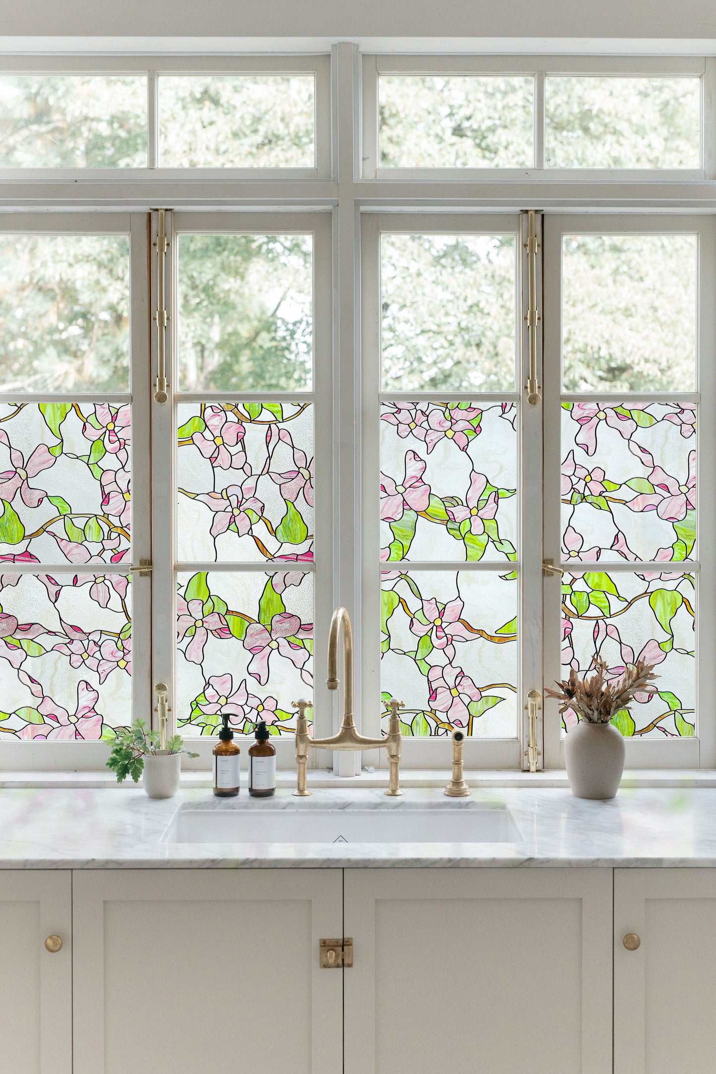 ADD.HERES Pink sprigs 3D Stained Glass Window Film Static Cling
