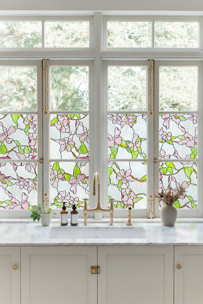 ADD.HERES Pink sprigs 3D Stained Glass Window Film Static Cling