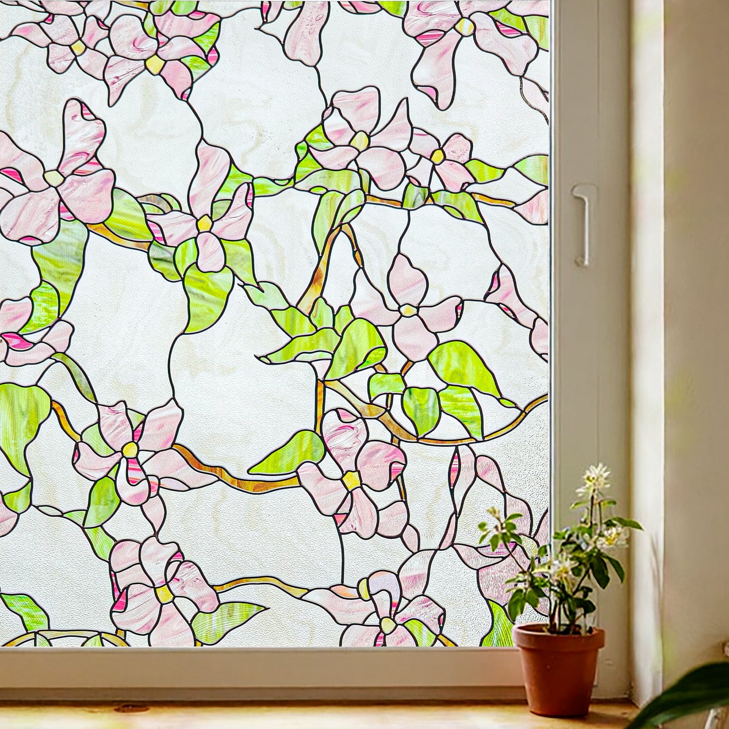 ADD.HERES Pink sprigs 3D Stained Glass Window Film Static Cling