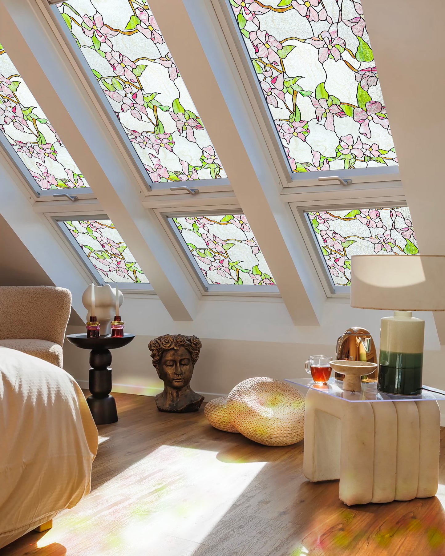 ADD.HERES Pink sprigs 3D Stained Glass Window Film Static Cling