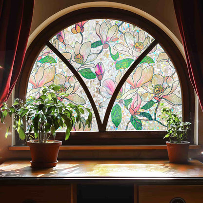 ADD.HERES Pink Magnolia 3D Stained Glass Window Film Static Cling
