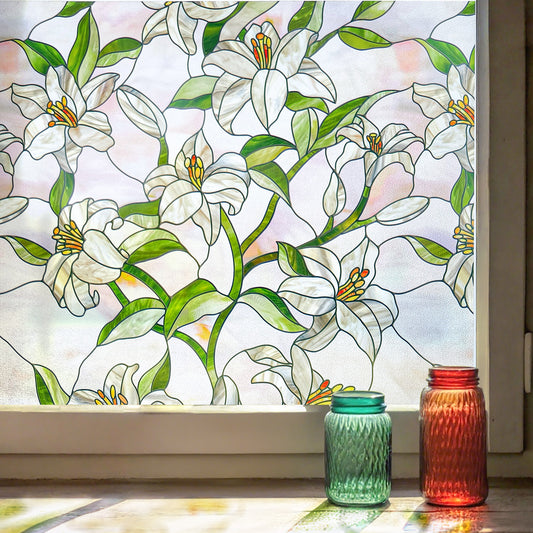ADD.HERES White Lily 3D Stained Glass Window Film Static Cling