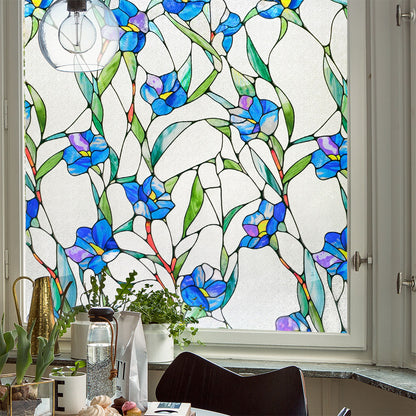ADD.HERES Blue Eustoma 3D Stained Glass Window Film Static Cling