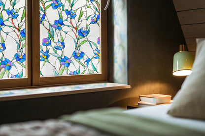 ADD.HERES Blue Eustoma 3D Stained Glass Window Film Static Cling