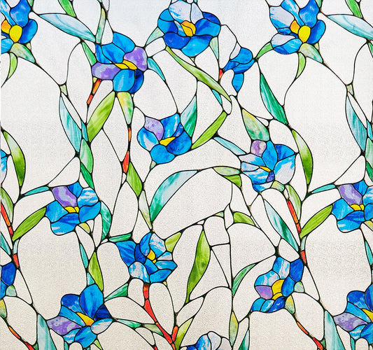 ADD.HERES Blue Eustoma 3D Stained Glass Window Film Static Cling