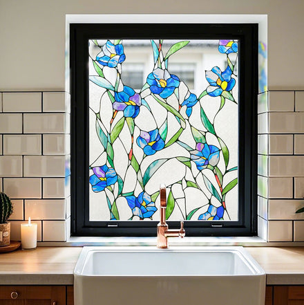 ADD.HERES Blue Eustoma 3D Stained Glass Window Film Static Cling