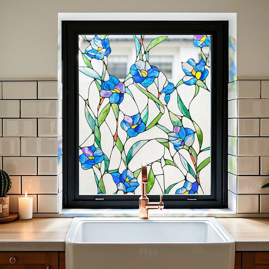 ADD.HERES Blue Eustoma 3D Stained Glass Window Film Static Cling