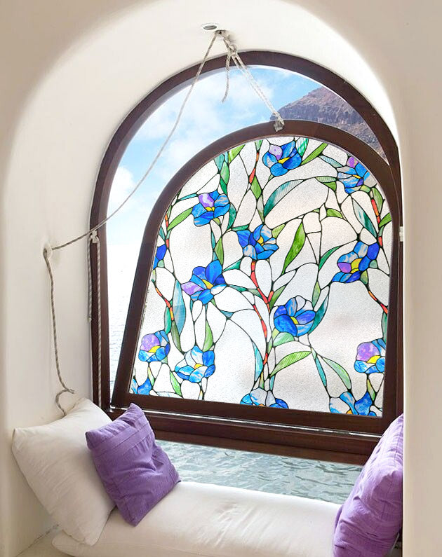 ADD.HERES Blue Eustoma 3D Stained Glass Window Film Static Cling